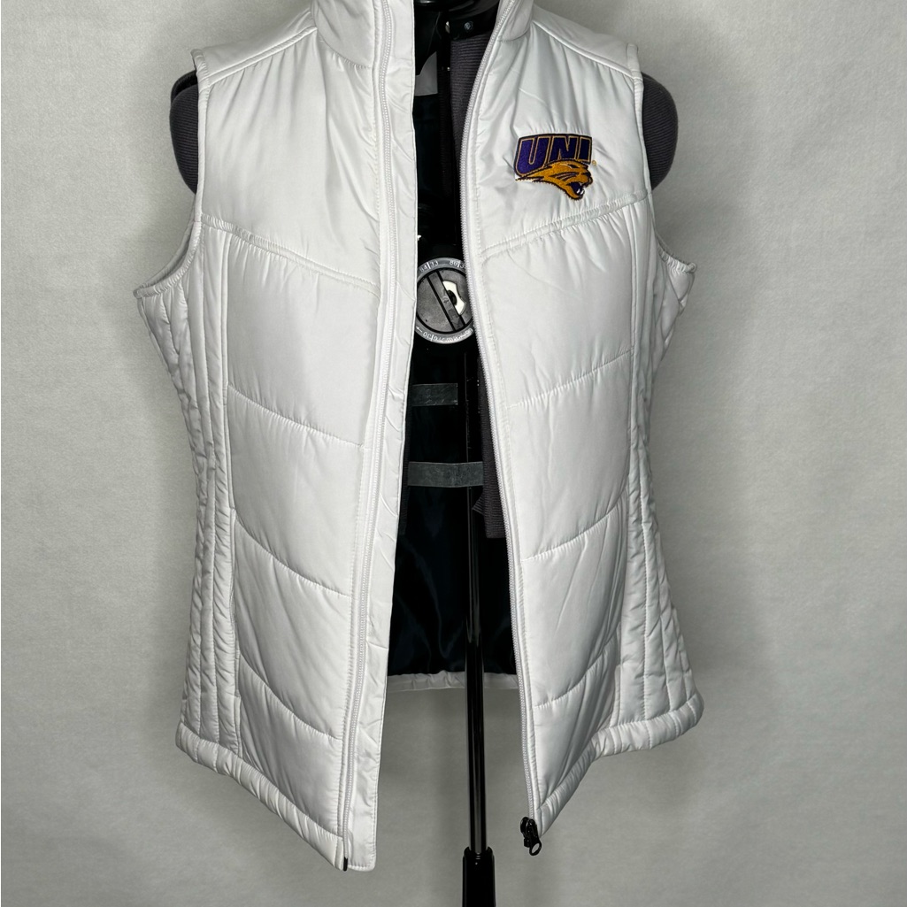 White Puffer Vest With Embroidered Uni Logo